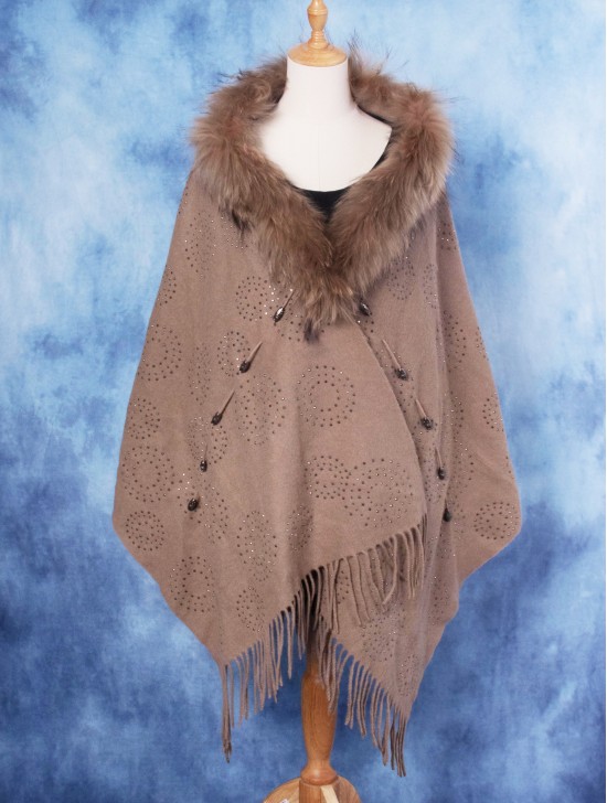 Wool Cape W/ Faux Fur and Rhinestones